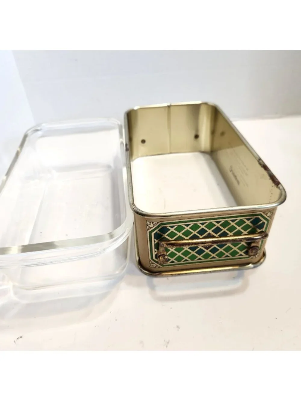 PYREX Meatloaf Baking Dish with Metal Liner Carrier Vintage Glass Loaf Pan READ